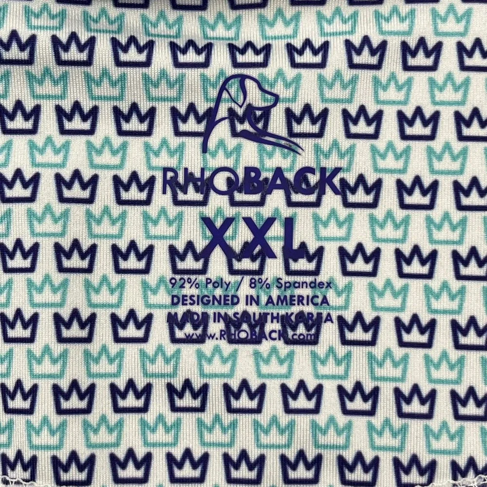 Rhoback Polo Shirt Mens XXL White‎ Navy Teal Crown Print Performance Golf Preppy